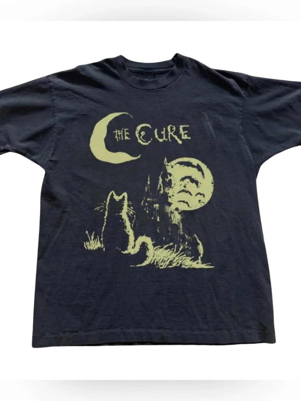 Gildan Black The Cure Band Tee with Pale Yellow Moon & Cat Graphic